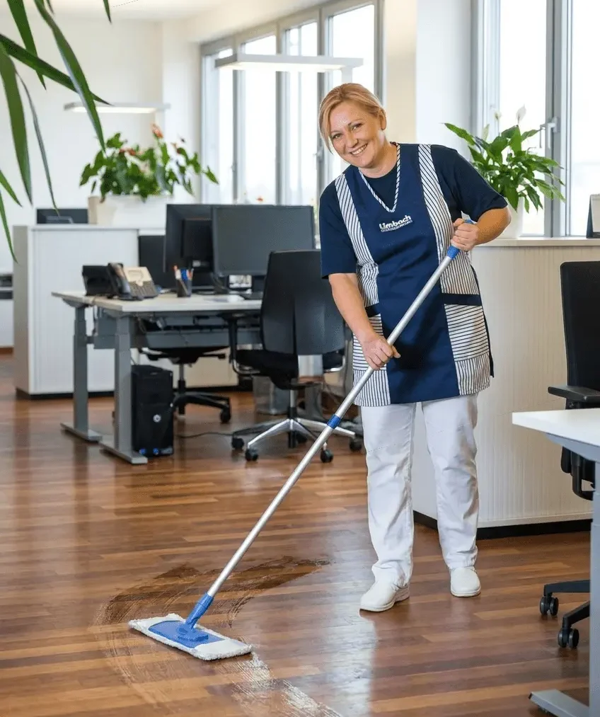 Lächelnde Limbach Mitarbeiterin bei Gebäudereinigung
